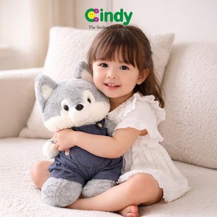 Cindy Boneka Anjing Husky Pakai Overall Jeans Lucu - Boneka Plush Toys Anak Premium Empuk Kado Anak