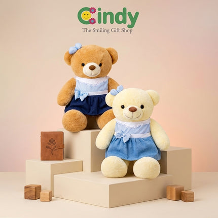 Cindy Boneka Teddy Bear Girl Dress Russel Jumbo – Boneka Beruang Cantik Gaun Biru Hadiah Lucu