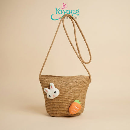 Yayang Tas Selempang Jerami Anak Perempuan  Kelinci Wortel Jeruk Tas Anak Lucu Korean Style Cute Bunny Fruit Bag-  Tas Fashion Anak
