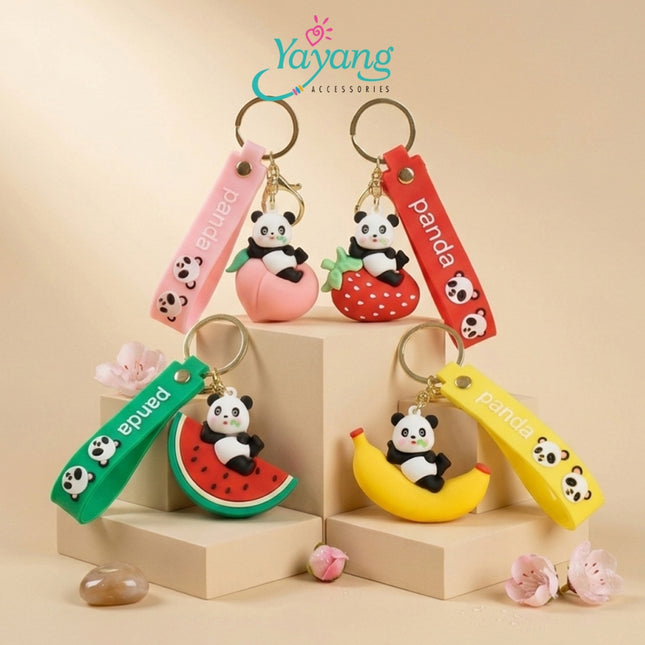 Yayang Gantungan Kunci Panda Lucu Buah Strawberry Semangka Pisang Peach Keychain Tas Anak Aksesoris Tas Wanita Kawaii