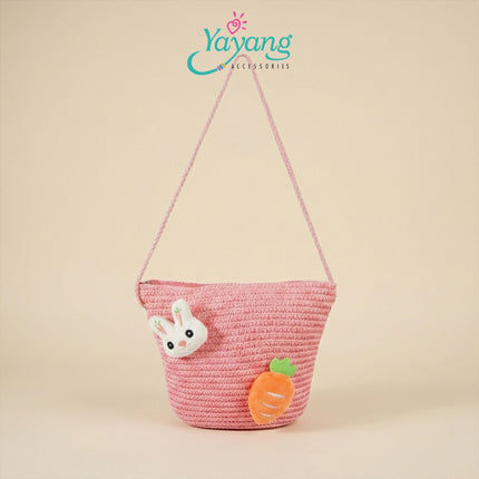 Yayang Tas Selempang Jerami Anak Perempuan  Kelinci Wortel Jeruk Tas Anak Lucu Korean Style Cute Bunny Fruit Bag-  Tas Fashion Anak