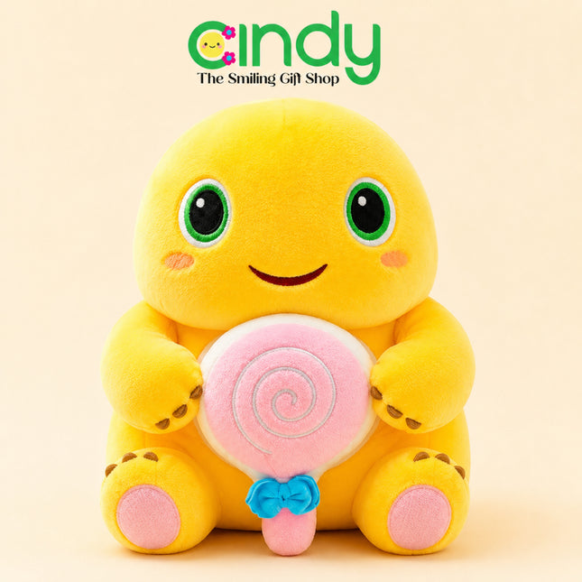 Cindy Boneka Dino Nailong Kuning Pegang Lollipop & Donat Halus Lembut